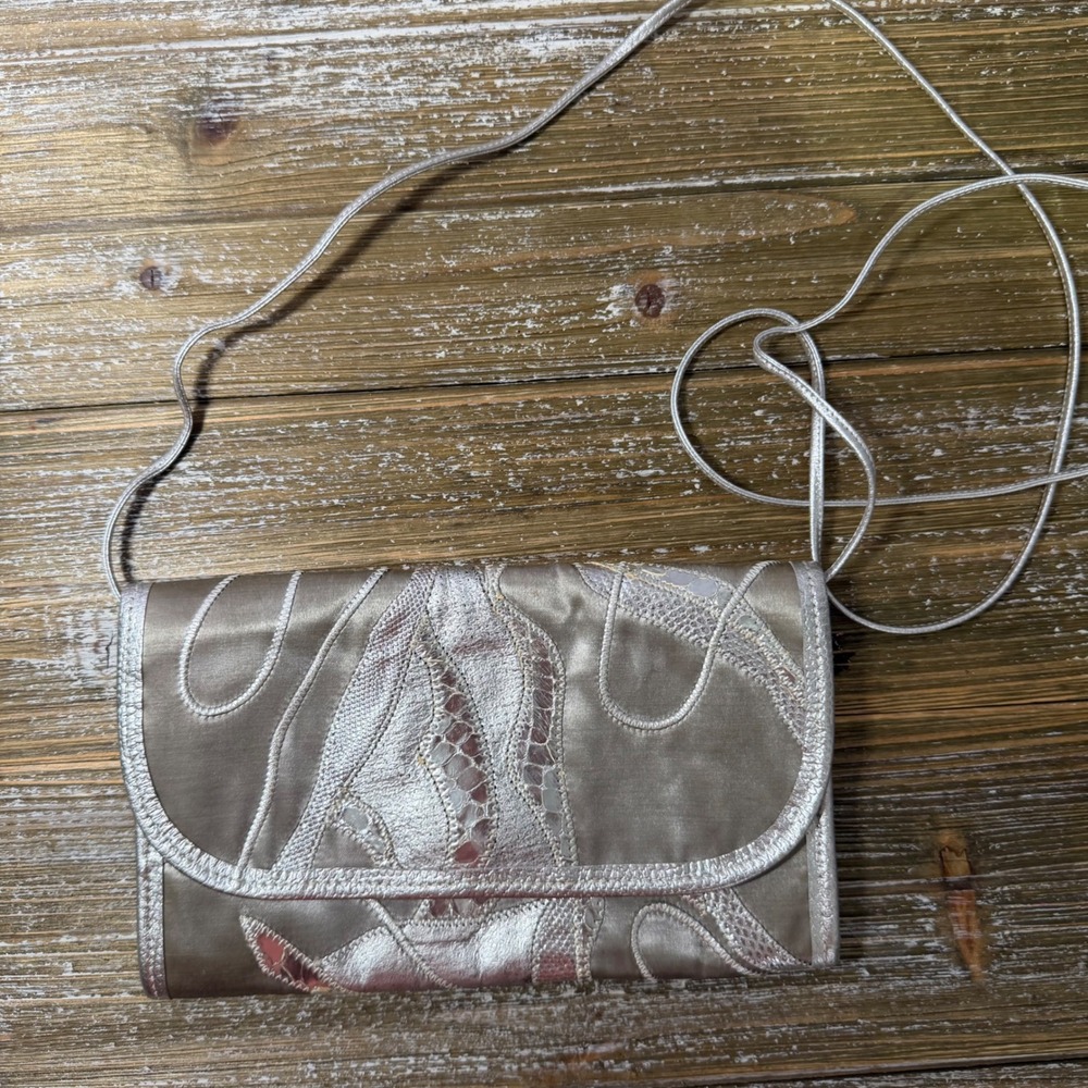 Carlos Falchi Vintage Metallic Silver Leather Satin Patchwork Crossbody Clutch